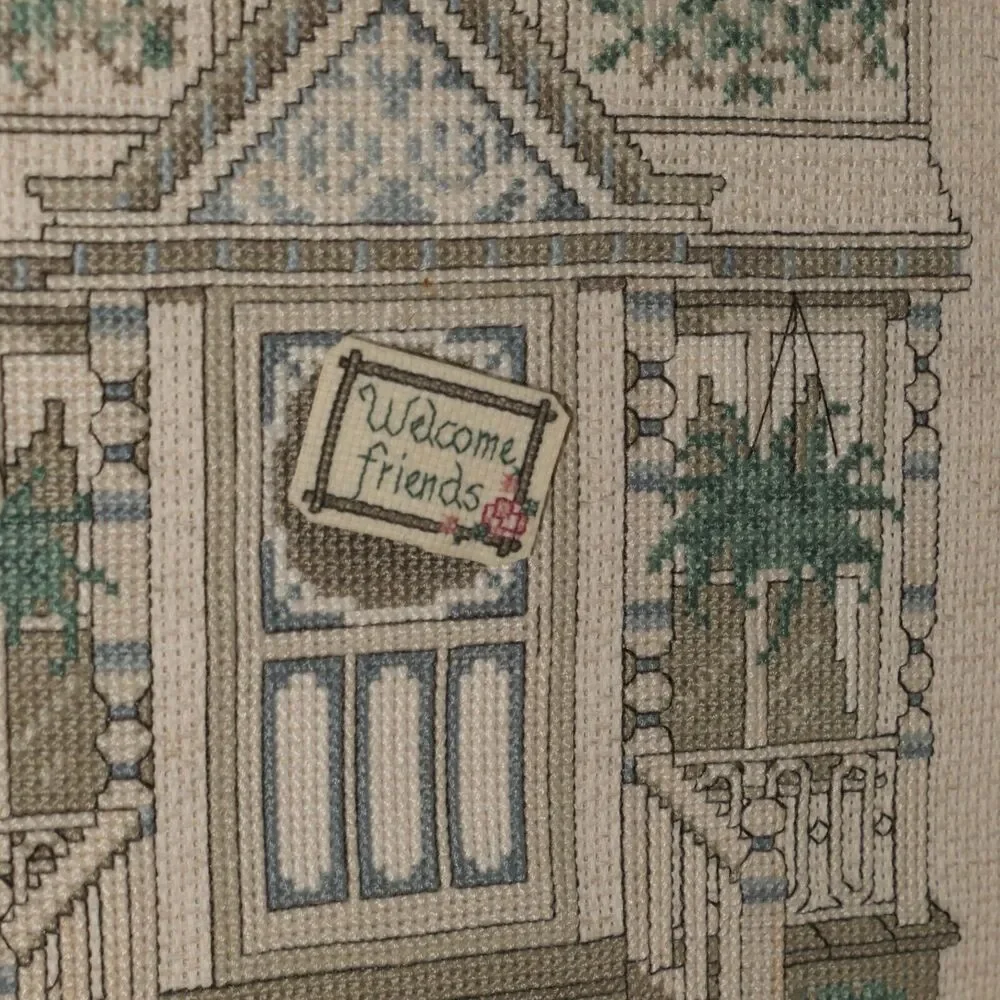 Vintage Needlepoint Welcome Friends Victorian House Embroidery Handmade Framed